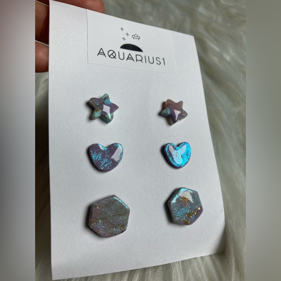 Handmade Pastel Iridescent Stud Earring Set Of 3 #1 - Picture 3 of 7